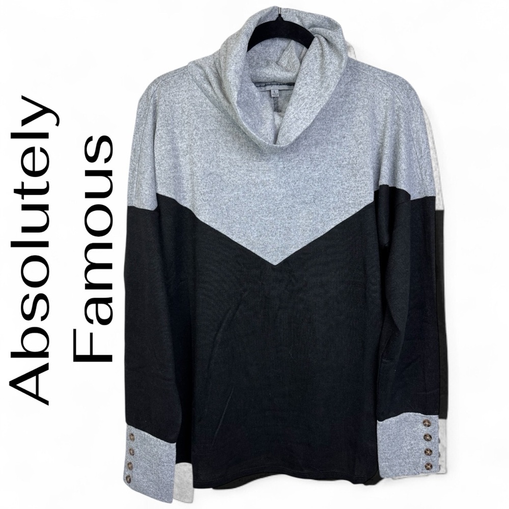ABSOLUTELY FAMOUS Cowl Neck Lightweight Sweater Size Large L Black Chevron NEW